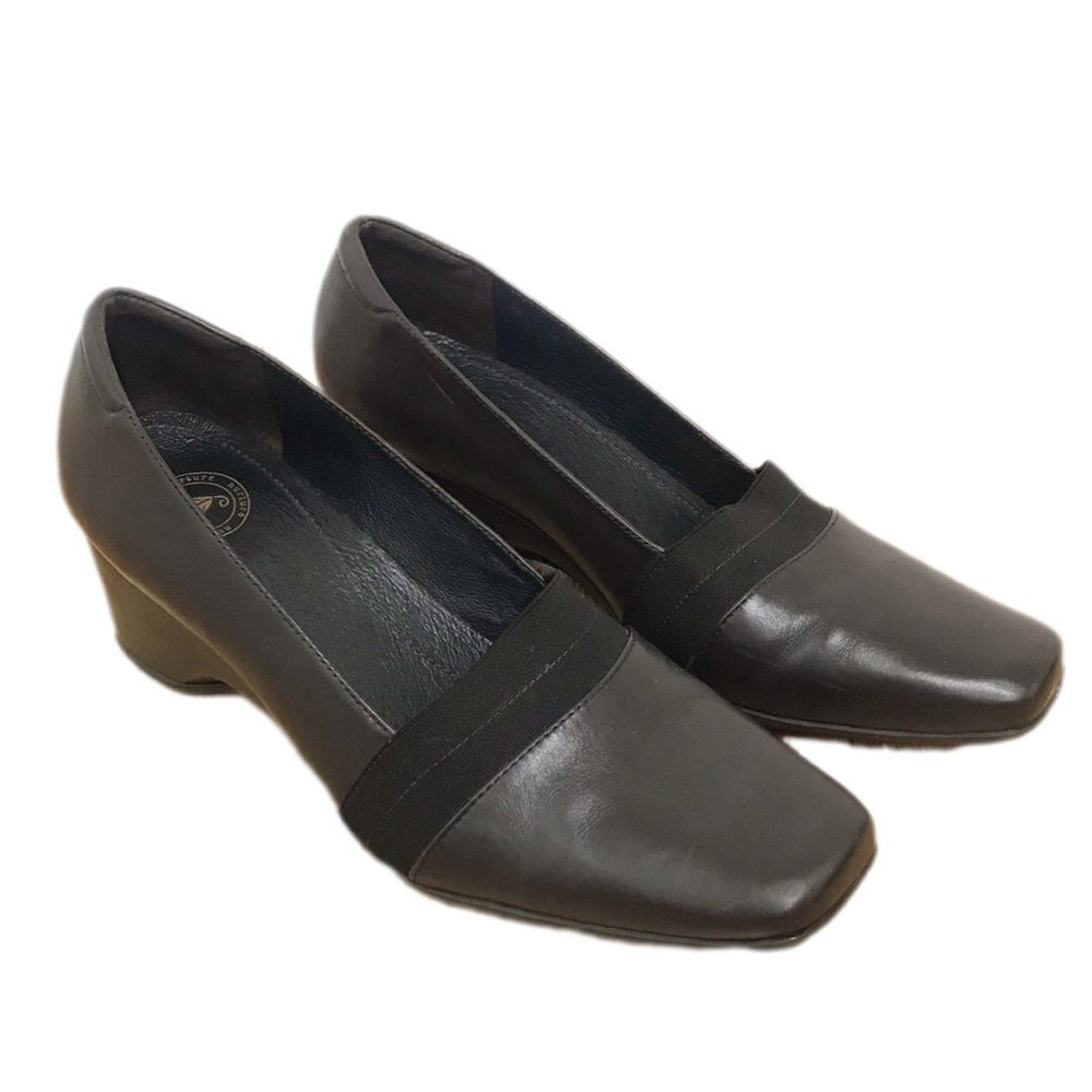 NURTURE Brown Leather Square Toe Heel Pump Wedge Chunky Block Heel Size 9.5